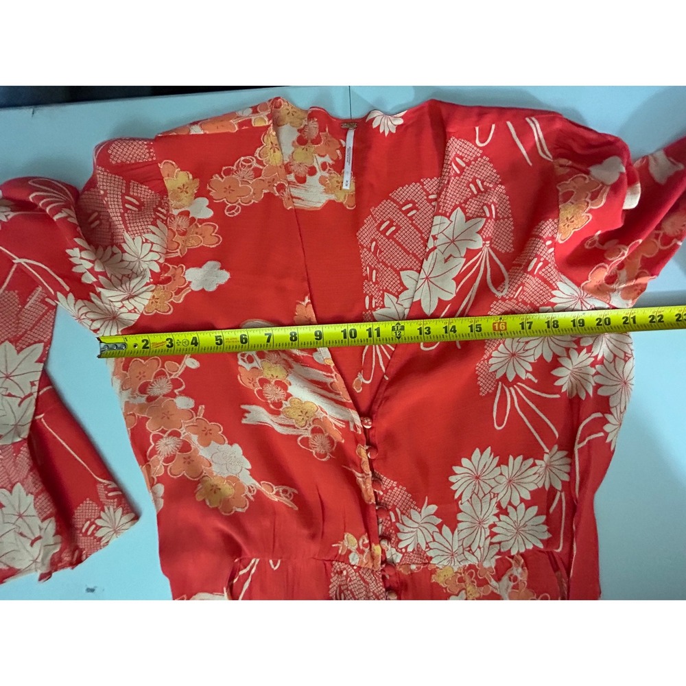 Free People Orange Floral Fan Print Button Front Midi Dress Bell Sleeve Womens M - Picture 7 of 9